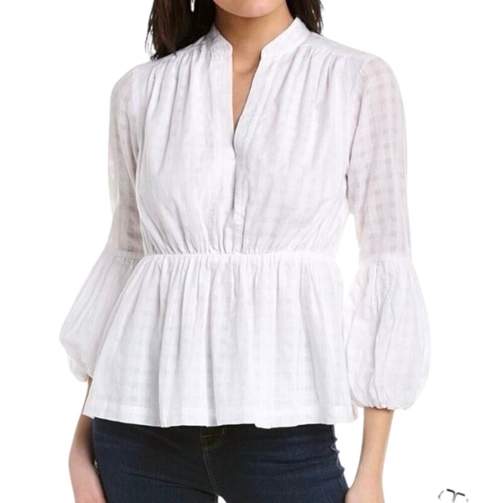 Trina Turk Women's White Gingham ‘Beloved’ Blouse Puff Sleeve Peplum Cottage
